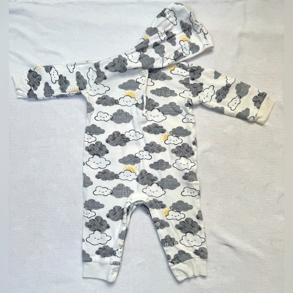 Gymboree Romper 6-12M Cloud & Sun Print Hooded Cotton One Piece Romper